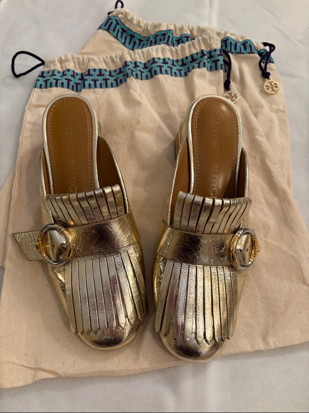Tory Burch Gold Fringe Leather Mules with Buckle, size 7